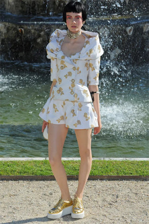 2013 Chanel by Karl Lagerfeld Documented Metallic Gold & Ivory Silk Brocade Jacket w/ Shorts
