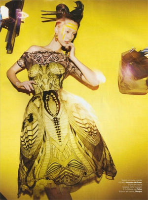 2010 Alexander McQueen Lifetime Insect Tattoo Embroidered Net-Lace Yellow Mini Dress