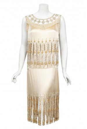1920s Beaded Rhinestone Cream Silk Birdcage Cut-Out Fringe Flapper Dress