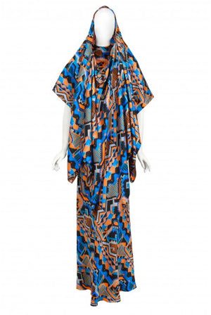 1970's Madame Grès Haute Couture Graphic Print Silk Gown & Hooded Shawl