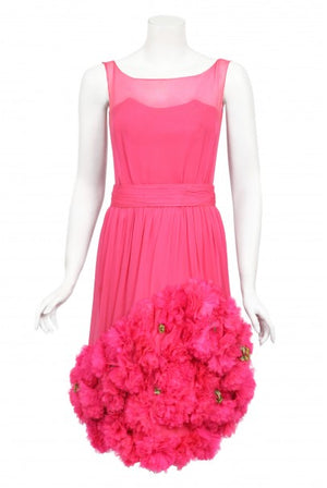 1950's Ceil Chapman Pink Silk Chiffon Floral Appliqué Cocktail Dress