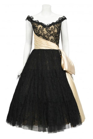 1950's Pauline Trigère Black Lace & Ivory Satin Illusion Off-Shoulder ‘New Look’ Party Dress