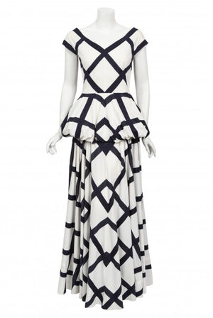 1940's Ceil Chapman Windowpane Print White Cotton Peplum Full-Skirt Gown
