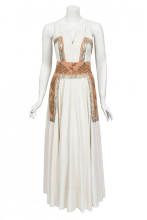 1950's Lanvin Castillo Couture Metallic Embroidered Ivory Linen Gown Set
