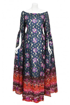 1960's Tina Leser Metallic Organza Dramatic Angel-Sleeve Psychedelic Gown