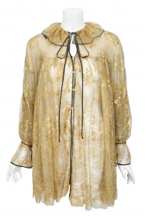 1970's Bill Gibb London Couture Metallic Gold Sheer Lace Babydoll Mini Dress
