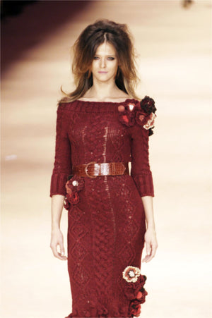 2005 Alexander McQueen Runway Burgundy Wool Knit Hourglass Sweater Dress