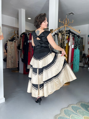 1950's Emilio Schuberth Couture Black & Ivory Embroidered Satin Dress