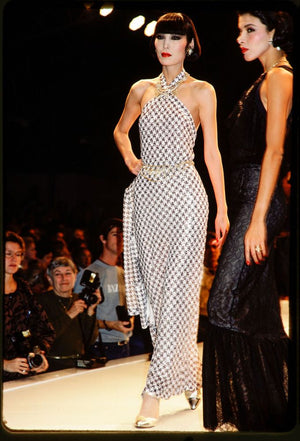 1984 Chanel by Karl Lagerfeld Black & White Sequin Houndstooth Silk Bias-Cut Halter Gown
