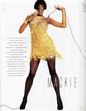 1990 Bob Mackie Teal-Green & Black Beaded Fringe Backless Cocktail Dress