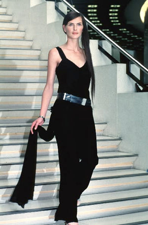 1999 Chanel by Karl Lagerfeld Runway Black Crepe Low-Plunge Draped Sash Jumpsuit