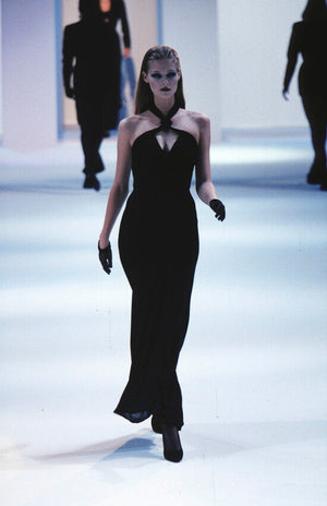 1998 Thierry Mugler Runway Black Silk-Jersey & Velvet Bustier Cut-Out Halter Gown