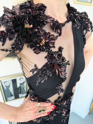 2012 Gucci Runway Editorial Heavily Embellished Sequin Sheer Black Pleated Tulle Gown