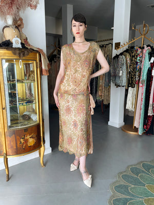 1920's French Couture Colorful Beaded Metallic Lamè Lace & Pink Silk Dress