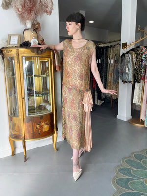 1920's French Couture Colorful Beaded Metallic Lamè Lace & Pink Silk Dress