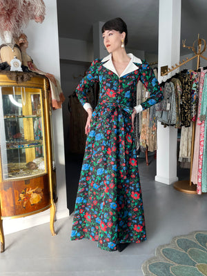 1972 Yves Saint Laurent Haute Couture Documented Floral Silk Collar Cuff Gown