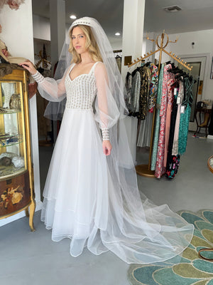 1972 Christian Dior Couture White Beaded Sheer Silk Billow-Sleeve Bridal Gown w/ Matching Veil