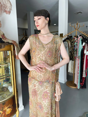 1920's French Couture Colorful Beaded Metallic Lamè Lace & Pink Silk Dress