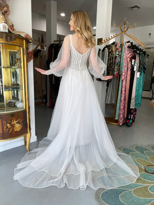 1972 Christian Dior Couture White Beaded Sheer Silk Billow-Sleeve Bridal Gown w/ Matching Veil