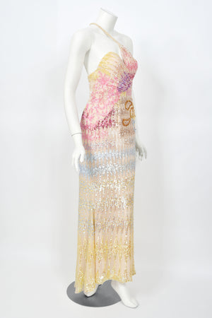 1990's Mike Benet Rainbow Sequin Silk Asymmetric Hourglass Versace-Like Gown