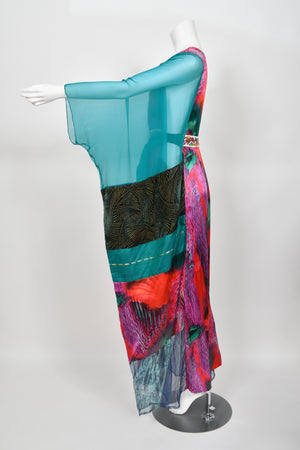 1970 Thea Porter Couture Colorful Patchwork Sheer Silk Bohemian Abaya Caftan