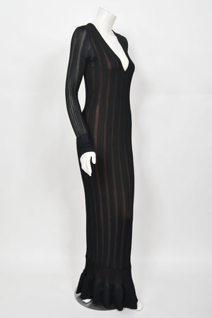 1996 Azzedine Alaïa Black Nude-Illusion Silky Knit Bodycon Floor Length Gown