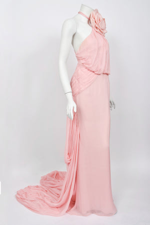 2008 Emanuel Ungaro Runway Blush-Pink Silk Floral Appliqué Trained Gown