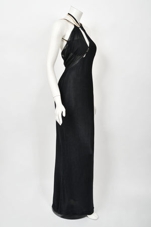 1998 Versace Couture Black Stretch Knit & Sheer Silk Cut-Out Hourglass Gown