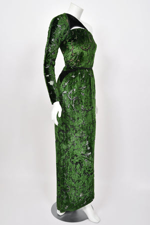 1990 Geoffrey Beene Couture 'Green Leaves' Sheer Devoré Velvet One-Sleeve Hourglass Gown