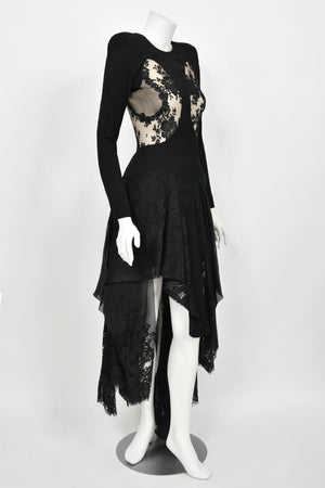 2010 Alexander McQueen Lifetime Black Crepe & Sheer Illusion Lace High-Low Gown