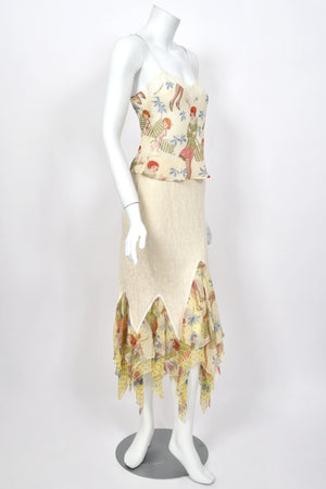2004 John Galliano 'Cherubs & Flappers' Whimsical Print Silk Camisole & Cashmere Knit Bias-Cut Skirt Set