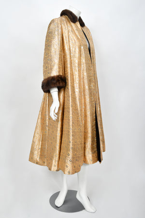 1949 Traina-Norell Couture Vogue Documented Metallic Gold Silk & Mink Swing Coat