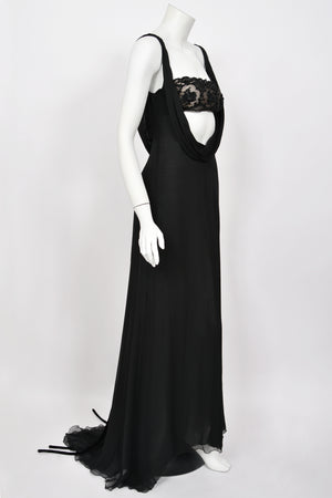 2004 Valentino Runway Beaded Bralette Draped Sheer Silk Cut-Out Gown