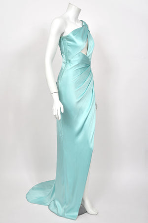 2017 Ralph & Russo Haute Couture Runway Aqua Blue Satin Cut-Out Draped High Slit Gown