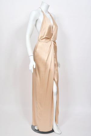 2011 Gucci Resort Collection Champagne Silk Draped Low-Plunge High Slit Maxi Slip Dress
