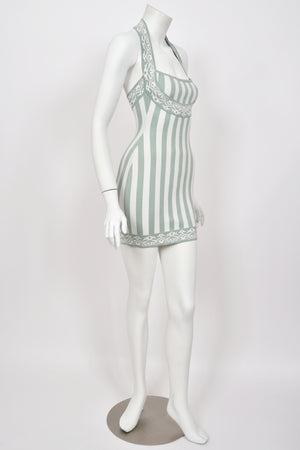 1992 Azzedine Alaia Runway Mint & Ivory Striped Stretch Knit Halter Bodycon Mini Dress