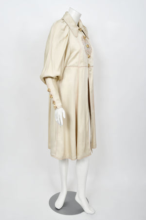 1973 Bill Gibb Couture Embroidered Ivory Satin Mutton-Sleeve Jacket & Vest