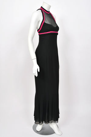 1994 Chanel by Karl Lagerfeld Black Sheer Silk Chiffon Pink Cashmere Trimmed Maxi Dress w/ Shawl
