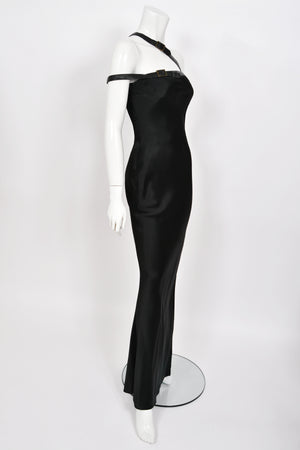 2001 Christian Dior by John Galliano Black Silk Leather-Strap Bondage Bias-Cut Gown