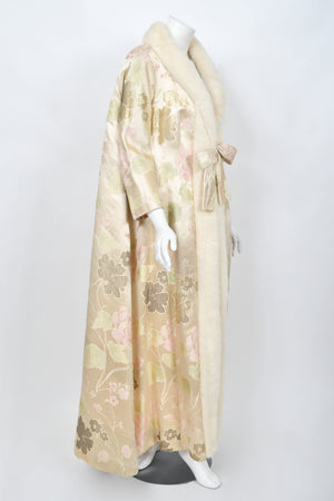 1965 Nina Ricci Haute Couture Documented Pink Silk-Brocade & Mink Fur Maxi Coat