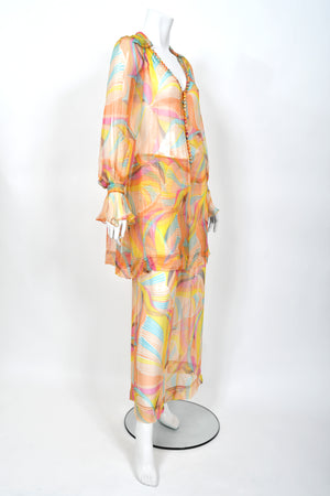 1967 Jean Muir Documented Psychedelic Op-Art Sheer Silk Tunic Mini Dress & Pants