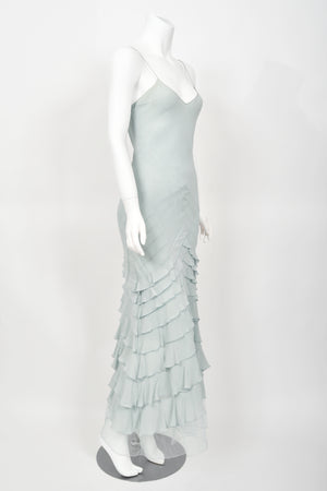 2004 Christian Dior by John Galliano Ethereal Ice Blue Silk & Tulle Tiered Bias-Cut Gown