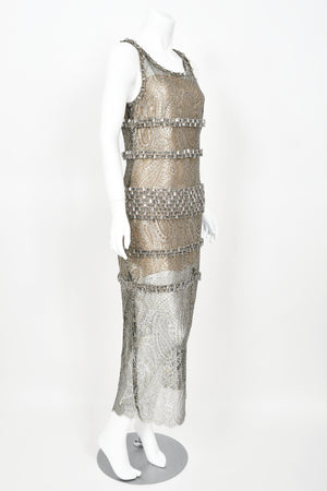 2012 Chanel by Karl Lagerfeld Runway Crystal Beaded Sheer Silver & Gold Lace Dress