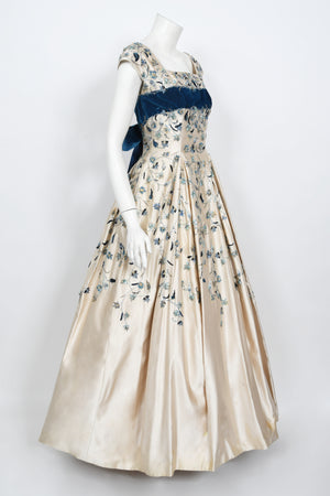 1956 Jacques Griffe Haute Couture Documented Embroidered Beaded Ivory Satin Gown