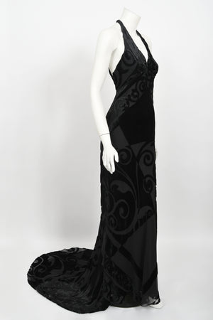 1997 Galindo Couture Black Devoré Velvet Bias-Cut Halter Trained Gown