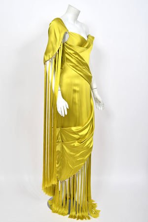 2018 Ralph & Russo Haute Couture Chartreuse Silk Satin Asymmetric Crystal Fringed Gown