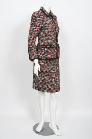 1973 Chanel Haute Couture Red Black Ivory Wool Tweed Jacket & Skirt Suit