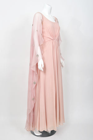 1974 Valentino Haute Couture Pale-Pink Beaded Crystal Silk Winged Cape Gown
