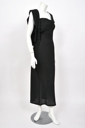 1998 Yohji Yamamoto Runway Black Crepe Asymmetric Avant-Garde Bias Cut Dress