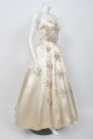 1950's Beaded Embroidered Cream & Pale Pink Satin Strapless Couture Ballgown